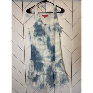 Catherine Malandrino Women’s 6 White Blue Tie Dye Cotton Eyelet Drop Waist Dress